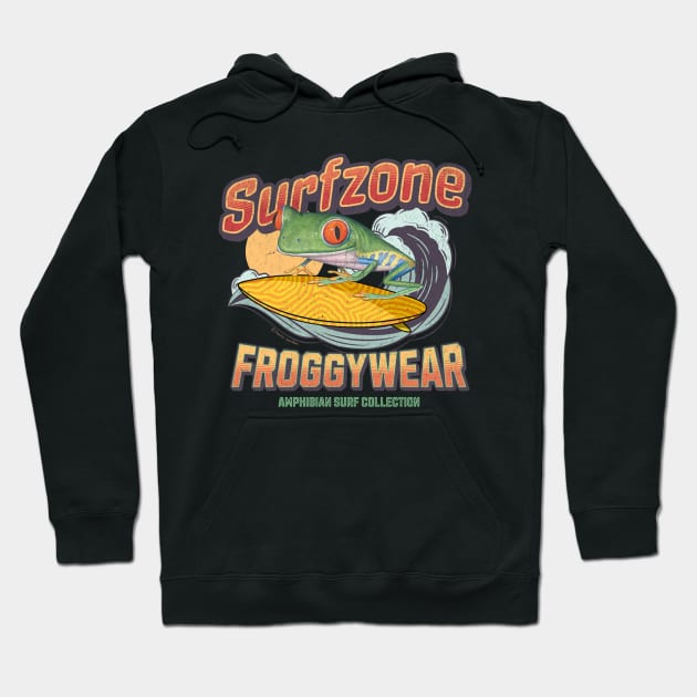 Funny Cute Red Eyed Tree Frog Surfing Hoodie by Danny Gordon Art